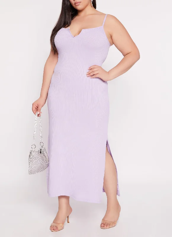 Plus Size Rib Knit Split Neck Cami Maxi Dress Elegant Maxi Dress with Belt
