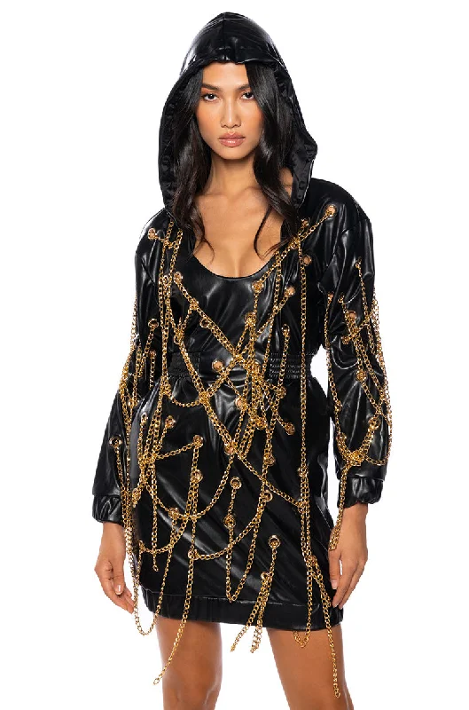 LETS LINK UP CHAIN PU MINI DRESS Trendy Crossover Mini Dress