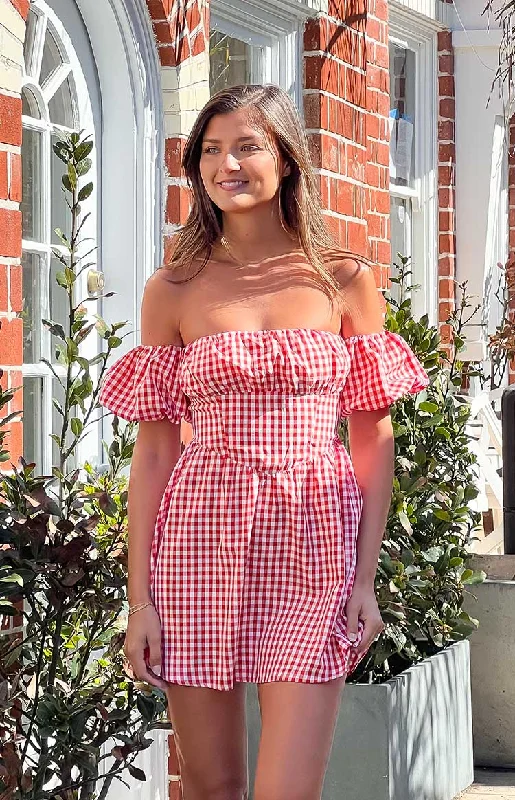 Love Lost Off The Shoulder Red Gingham Mini Dress