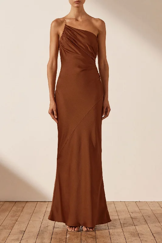 LUXE ASYMMETRICAL GATHERED MAXI DRESS - MOCHA Elegant Floral Maxi Dress