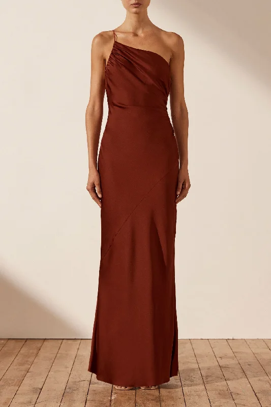 LUXE ASYMMETRICAL GATHERED MAXI DRESS - SANGRIA Elegant Maxi Dress with Drapes