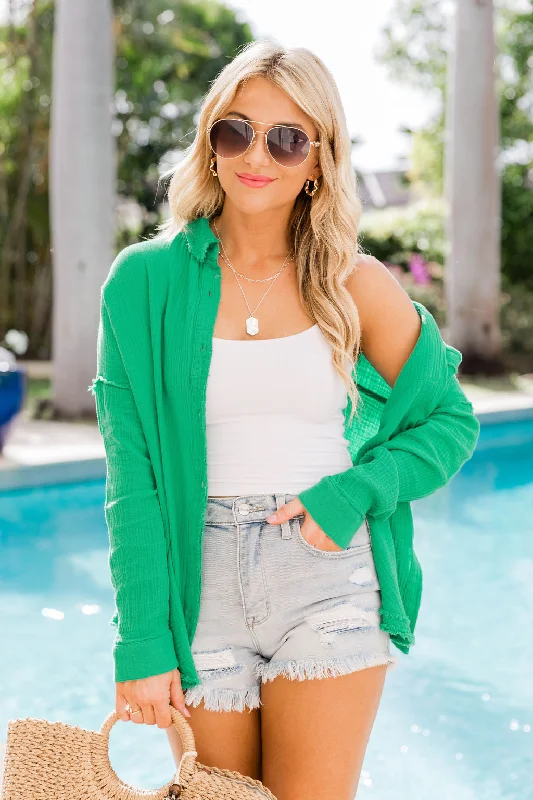 Make It My Business Green Button Front Shirt FINAL SALE Stylish Pleated Short Sleeve