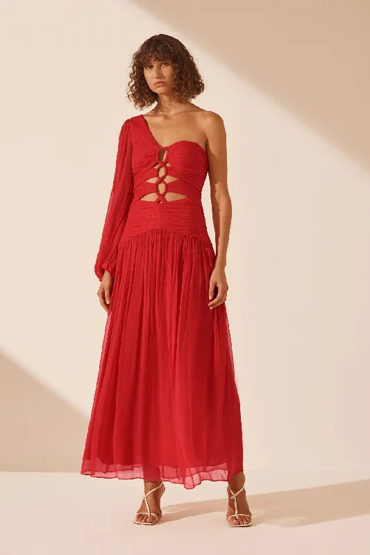 MARGOT LONG SLEEVE ONE SHOULDER LACE UP MAXI DRESS - SAILOR RED Comfortable Casual Maxi Dress