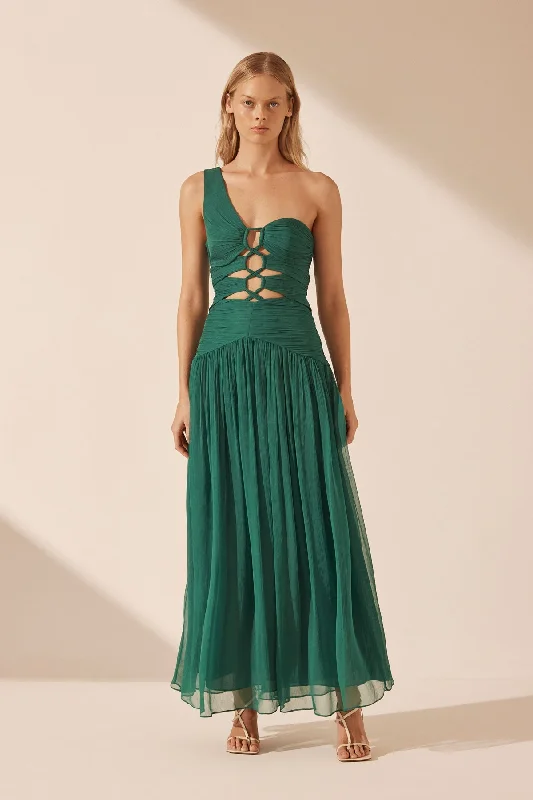 MARGOT ONE SHOULDER LACE UP MAXI DRESS - EVERGREEN Elegant Maxi Dress with Ruffles