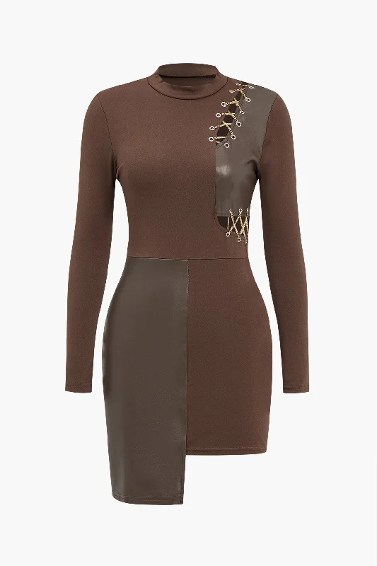 Chain Patchwork Long Sleeve Mini Dress Fashionable Mini Dress with Frills