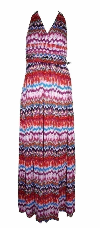 Meghan LA Women's Beaded Embroidery Boho Print Halter Maxi Dress M