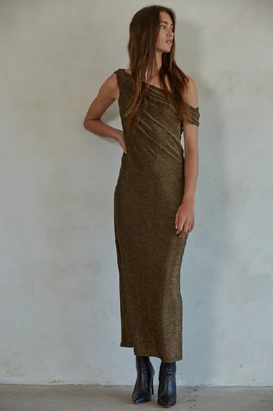 Metallic Bronze Off Shoulder Maxi Dress Fashionable Halter Neck Maxi Dress