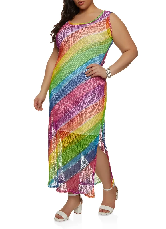 Plus Size Fishnet Rainbow Striped Tank Maxi Dress Comfortable Bohemian Maxi Dress
