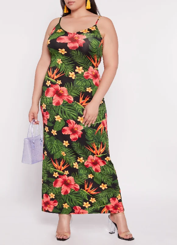 Plus Size Tropical Floral Print Cami Maxi Dress Chic Summer Maxi Dress