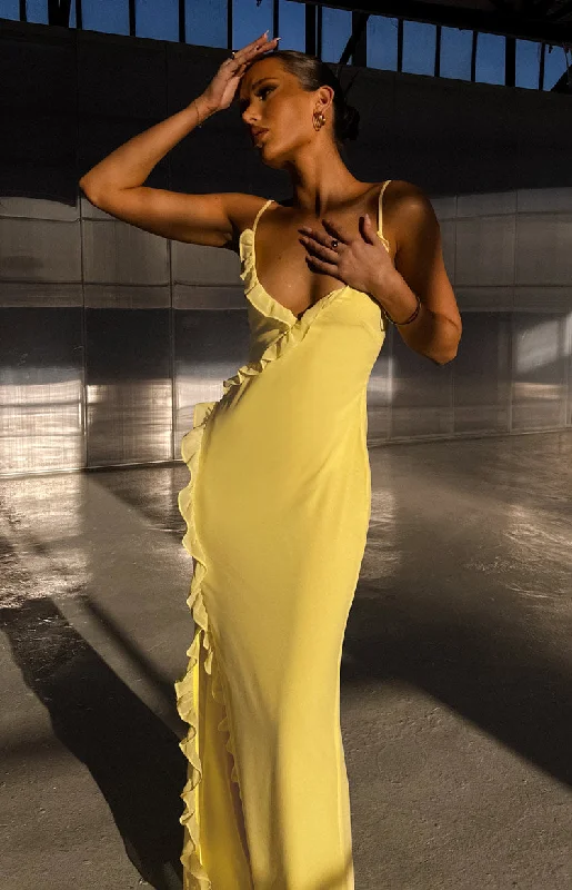 Nahanee Yellow Ruffle Maxi Dress Fashionable Printed Maxi Dress