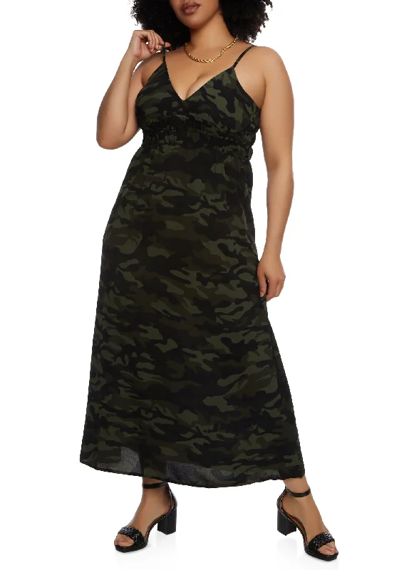 Plus Size Printed Smocked V Neck Maxi Dress Trendy Ruffled Maxi Dress
