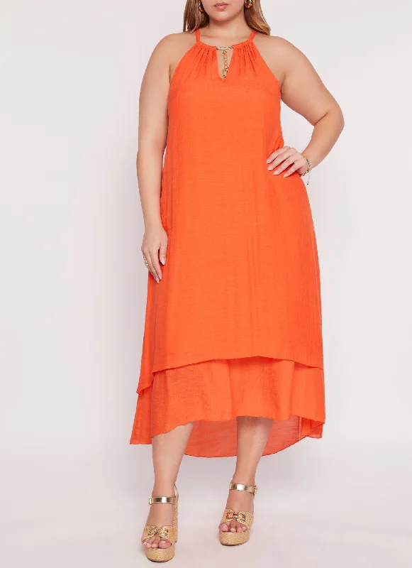 Plus Size Chain Detail Tiered Maxi Dress Stylish V-Neck Maxi Dress