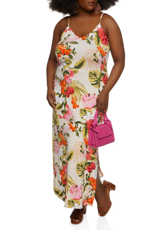 Plus Size Tropical Print Cami Maxi Dress Elegant Maxi Dress with Pockets