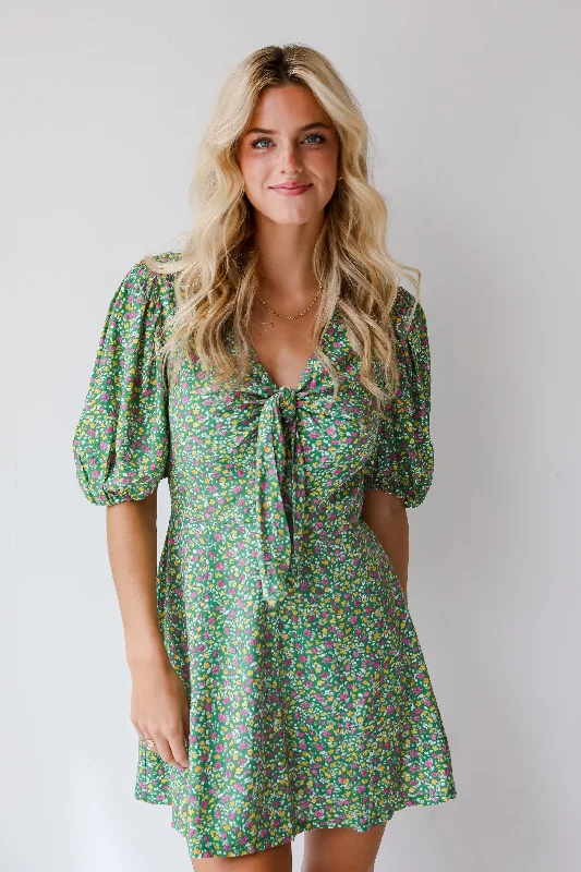 FINAL SALE - Perfect Whimsy Green Floral Mini Dress Fashionable Mini Dress with Frills