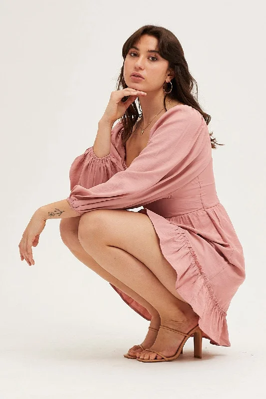 Pink Long Sleeve A-Line Mini Dress Trendy Cut-Out Mini Dress
