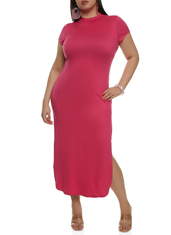 Plus Size Side Slit Mock Neck Maxi Dress Trendy Satin Maxi Dress