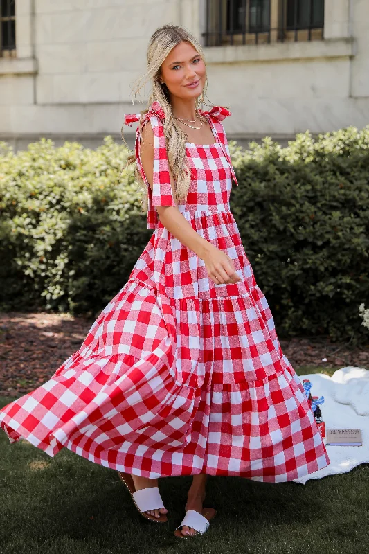 Pretty Picnic Red Gingham Tiered Maxi Dress Trendy Maxi Dress with Straps