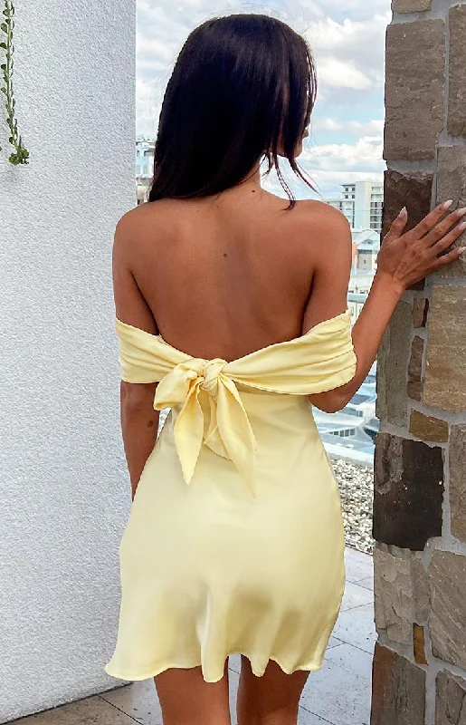 Primrose Yellow Satin Off the Shoulder Mini Dress Stylish Plaid Mini Dress