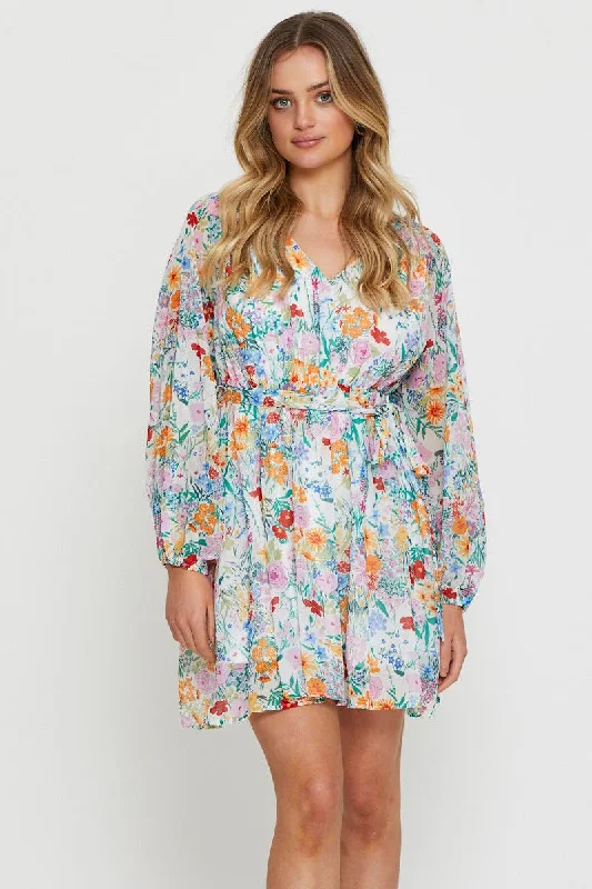 Print Mini Dress Long Sleeve Cozy Cotton Mini Dress