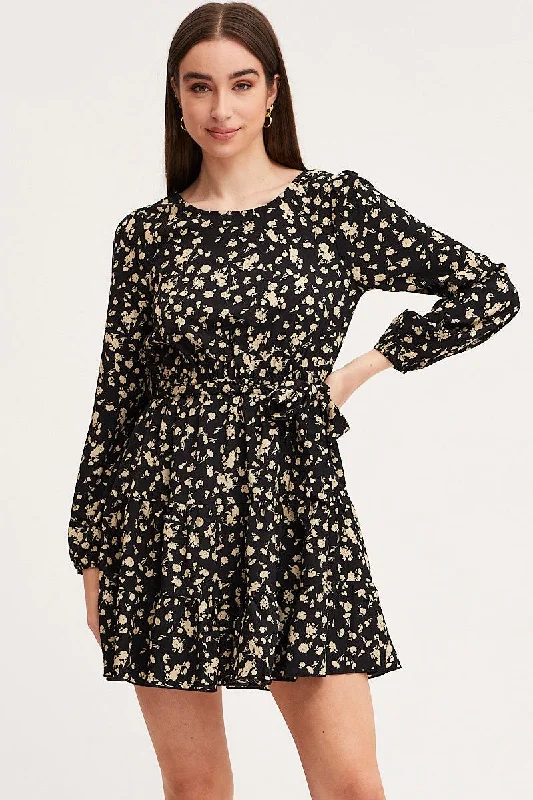 Print Mini Dress Long Sleeve Round Neck Elegant Tulle Mini Dress
