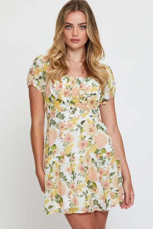 Print Mini Dress Long Sleeve Square Neck Chic Puff Sleeve Mini Dress