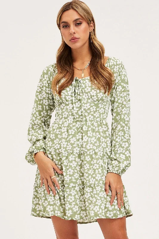 Print Mini Dress Long Sleeve Square Neck Stylish Spaghetti Strap Mini Dress