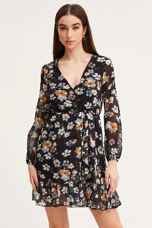 Print Mini Dress Long Sleeve V Neck Cozy Jersey Mini Dress