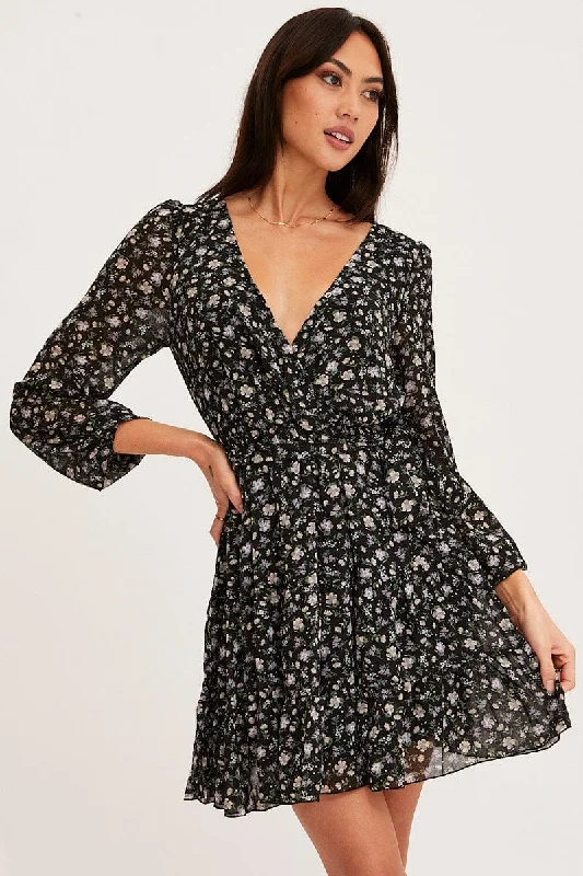 Print Mini Dress Long Sleeve V Neck Comfortable Casual Mini Dress