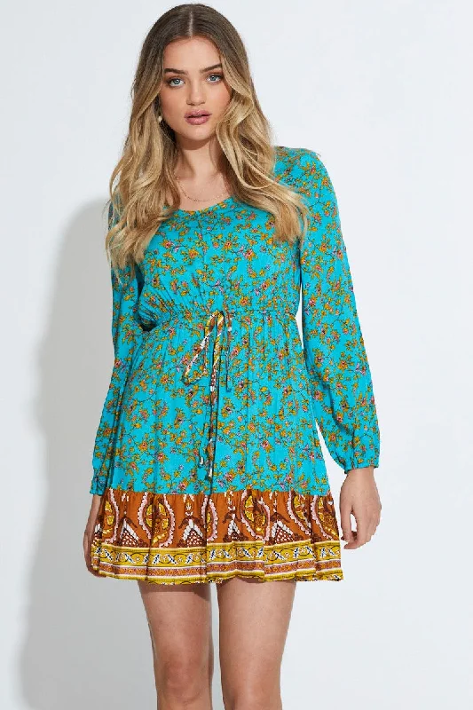 Print Mini Dress Long Sleeve V Neck Stylish Sweetheart Mini Dress