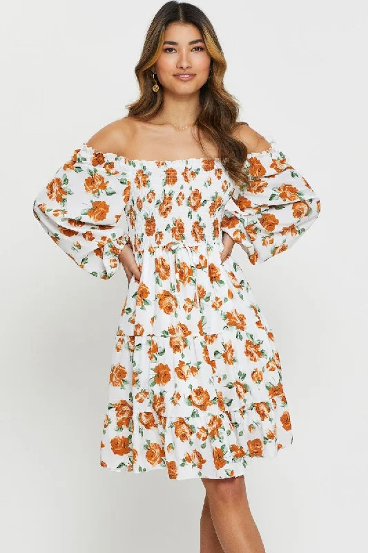 Print Mini Dress Off Shoulder Stylish Ruffle Mini Dress