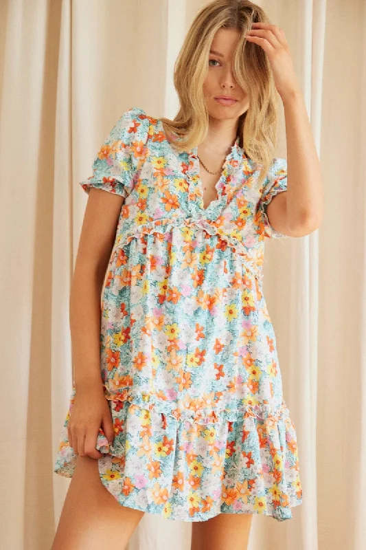 Print Mini Dress Short Sleeve V Neck Cozy Cowl Neck Mini Dress