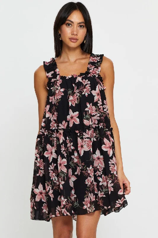 Print Mini Dress Sleeveless Square Neck Chic Mini Dress with V-Neck