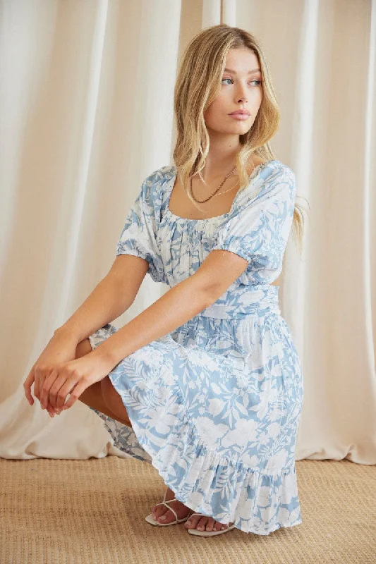 Print Ruched Bust Tie Back Mini Dress Comfortable Smocked Mini Dress