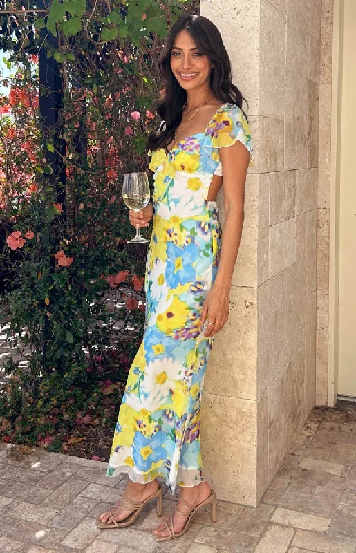 Raymi Blue Floral Chiffon Maxi Dress Trendy Maxi Dress with Belt