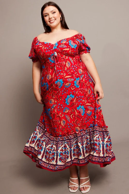 Red Boho Puff Sleeve Maxi Dress High Low Hem Elegant Boho Maxi Dress