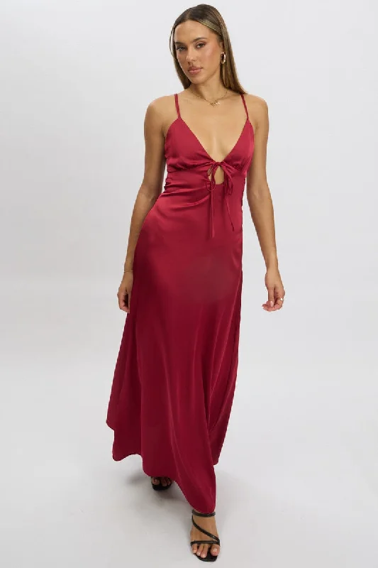 Red Maxi Dress Cut Out Satin