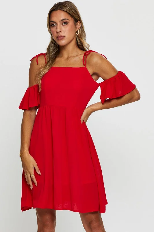Red Mini Dress Off Shoulder Round Neck Comfortable Ruffle Mini Dress