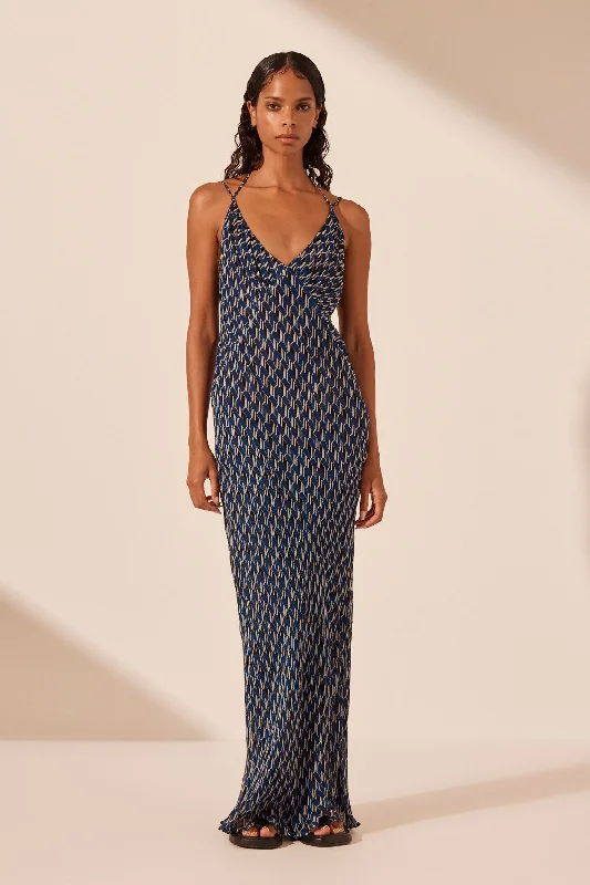 RENATA LAYERED HALTER PLUNGED SLIP MAXI DRESS Elegant Maxi Dress with Lace