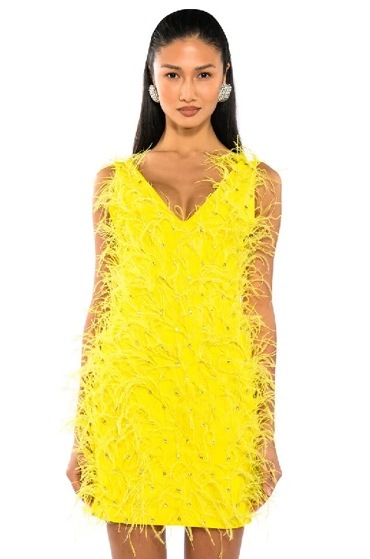 RENDEZVOUS SLEEVELESS FEATHER MINI DRESS Chic Tropical Mini Dress
