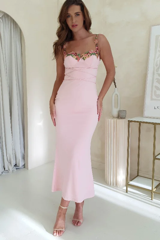 Rowan Bodycon Maxi Dress | Baby Pink Comfortable Maxi Dress with Sleeves