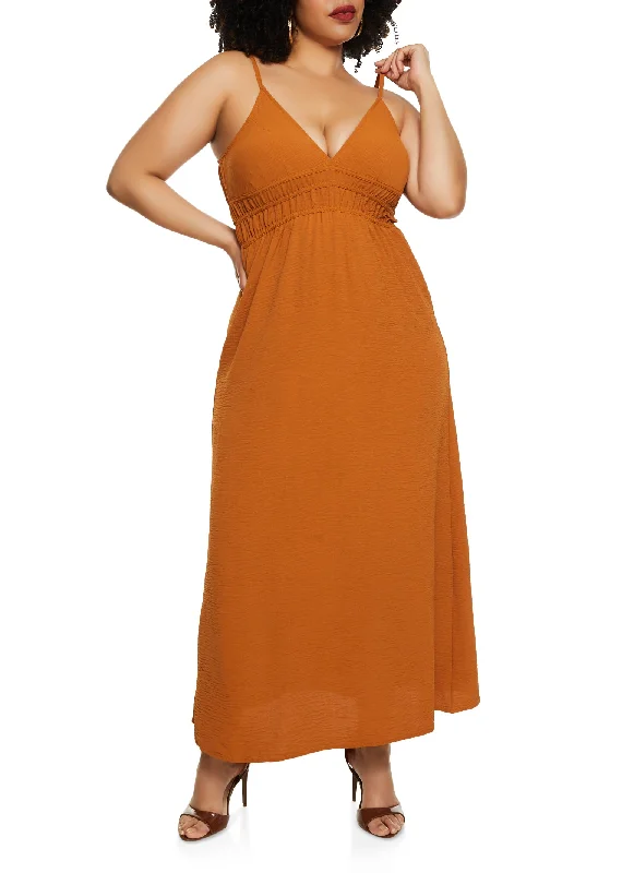 Plus Size Airy V Neck Empire Waist Maxi Dress Comfortable Long-Sleeve Maxi Dress