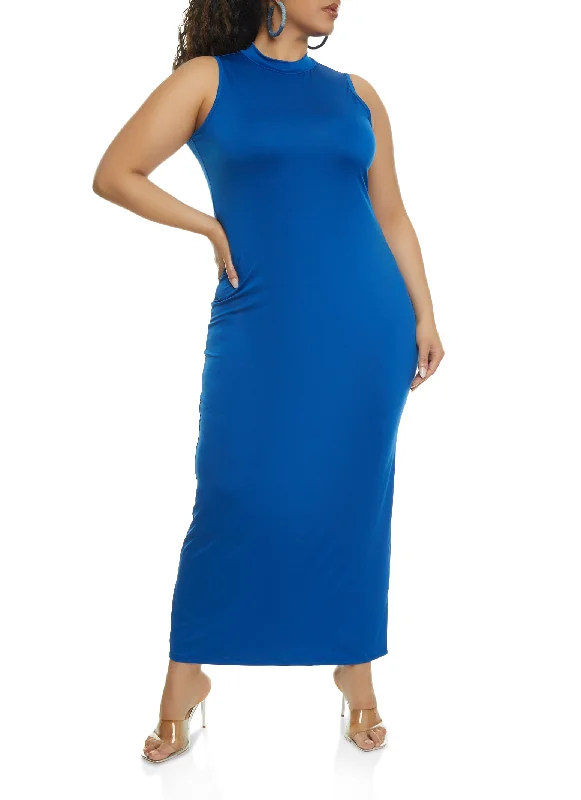 Plus Size Mock Neck Maxi Dress Trendy Floral Print Maxi Dress