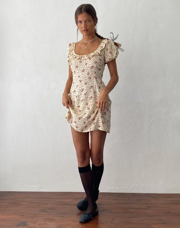 Sasyana Mini Dress in Flower Chain Cream Stylish Puff Sleeve Mini Dress