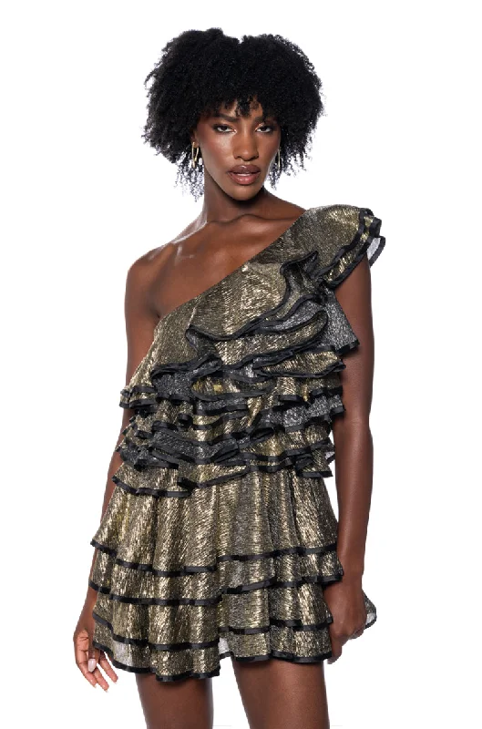 COVER ME IN GOLD RUFFLE MINI DRESS Comfortable Bodycon Mini Dress