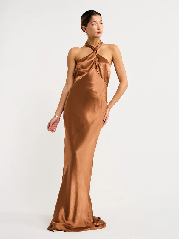 Shona Joy High Neck Twist Maxi Dress in Almond Stylish One-Shoulder Maxi Dress
