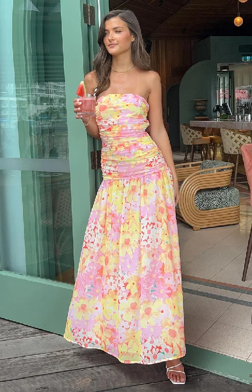 Sinclair Yellow Floral Print Strapless Maxi Dress Stylish Empire Waist Maxi Dress