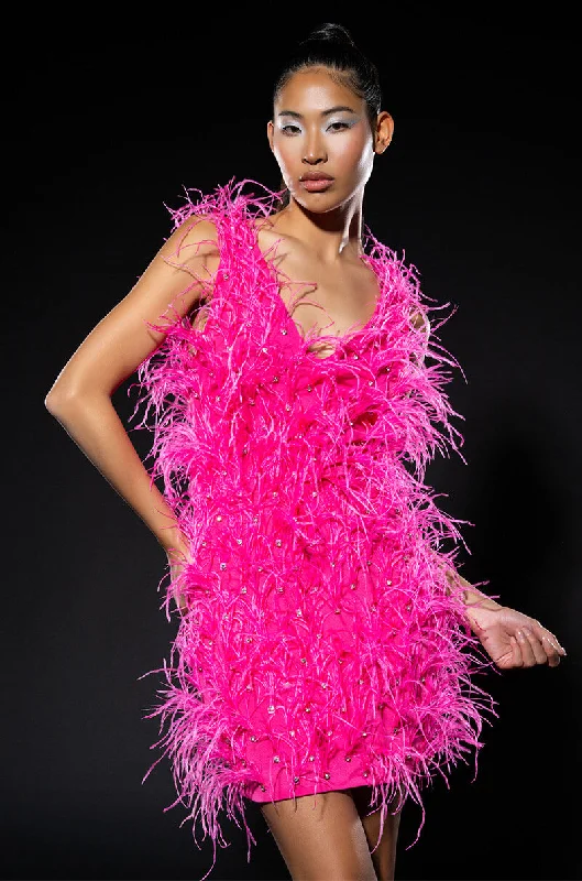 STAR OF THE SHOW FEATHER MINI DRESS Comfortable Shift Mini Dress