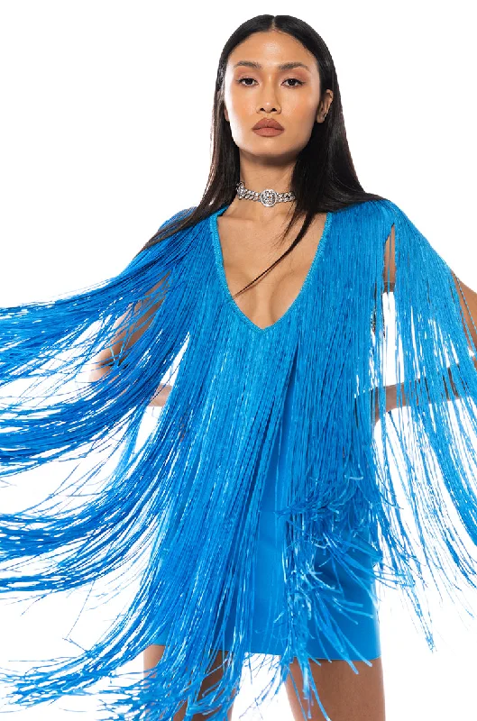 STEVIE DEEP V BANDAGE WITH FRINGE MINI DRESS Classic Casual Mini Dress