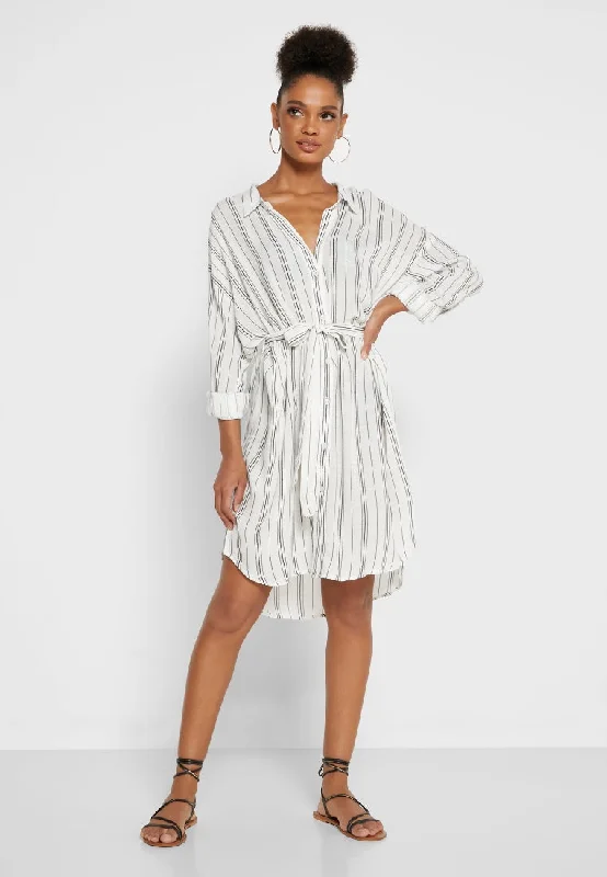 Stripe Belted Beach Shirt Elegant Draped Short Sleeve