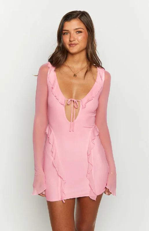 Surround Sound Pink Mesh Long Sleeve Mini Dress